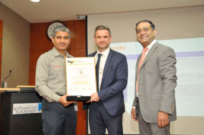 Hussain Al-Qahtani, President, SASREF, receives the SAP Business Innovation Award from Stephan Klein, Senior Vice President and Global Head of Digital Business Services for Energy and Natural Resources Industries at SAP SE