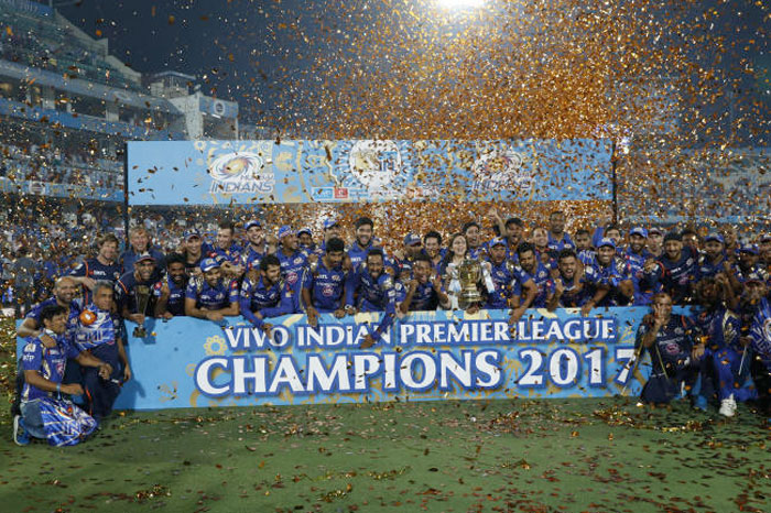 Mumbai Indians pose with trophy after wining the Indian Premier League (IPL) cricket final match against Rising Pune Supergiant in Hyderabad, India, Monday, May 22, 2017. — AP