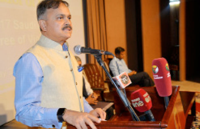 Indian Ambassador Ahmed Javed addressing a press conference at the embassy in Riyadh.