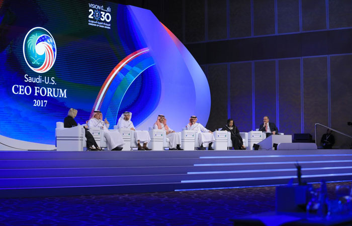 Francine Lacqua of Bloomberg moderates a ministerial panel discussion on “21st Century Partnership” at the Saudi-US CEO Forum 2017 in Riyadh on Saturday. Taking part in the discussion are (from left to right left) Minister of Commerce and Investment Majid Al-Qassabi; Minister of Energy, Industry and Mineral Resources Khalid Al-Falih; Minister of Finance Mohammed Al-Jadaan; General Supervisor of the Public Investment Fund Yasser Al-Rumaian; Olayan Financing Company Chief Executive Officer Lubna S. Olayan; and Chairman and CEO of Dow Chemical Andrew Liveris.