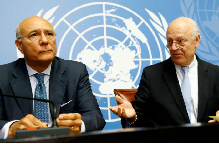 United Nations Special Envoy for Syria Staffan de Mistura (R) and his Deputy Ramzy Ezzeldin Ramzy attend a news conference ahead of Intra Syria talks at the UN in Geneva, Switzerland – Reuters