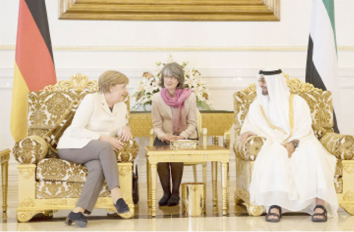 Sheikh Mohamed Bin Zayed Al Nahyan, Crown Prince of Abu Dhabi, holds talks with German Chancellor Angela Merkel on Monday. — Photo Courtesy: WAM