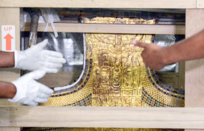 The chariot of the ancient Egyptian boy-king Tutankhamun while it is being transferred from the Egyptian Museum in the center of the capital Cairo to the newly-constructed Grand Egyptian Museum on the city’s outskirts near the Pyramids. — AFP
