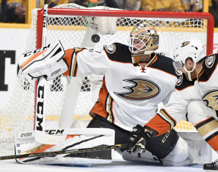 Anaheim Ducks goalie Jonathan Bernier (1) allows the game winning goal to Nashville Predators center Colton Sissons (not pictured) during the third period in game six of the Western Conference Final of the 2017 Stanley Cup Playoffs at Bridgestone Arena. — Reuters