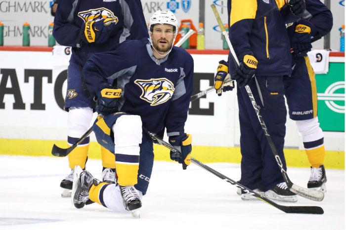 Roman Josi No. 59 of the Nashville Predators looks on in practice during Media Day for the NHL Stanley Cup Final at PPG PAINTS Arena on Sunday in Pittsburgh, Pennsylvania. — AFP