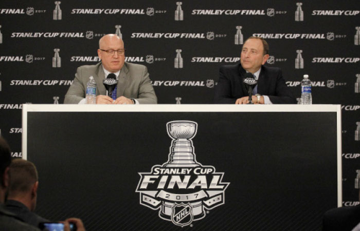 NHL commissioner Gary Bettman (right) with deputy commissioner Bill Daly (left) at a press conference before game one of the 2017 Stanley Cup Final between the Pittsburgh Penguins and the Nashville Predators at PPG Paints Arena in Pittsburgh. — Reuters