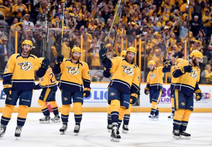 Nashville Predators’ players celebrate their victory over St. Louis Blues in Game 4 of the Stanley Cup Playoffs at Bridgestone Arena in Nashville Tuesday. — Reuters