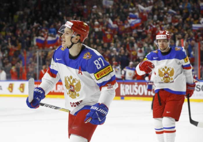 Vadim Shipachyov of Russia celebrates after scoring a goal against Germany in the 2017 IIHF World Championship - Group A match at Cologne, Germany on Monday. — Reuters