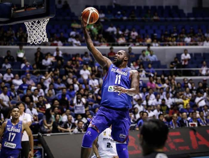 Gilas Pilipinas' Andray Blatche scores unmolested in the game against Myanmar in the 2017 SEABA men's championship at the Smart-Araneta Coliseum Friday night.