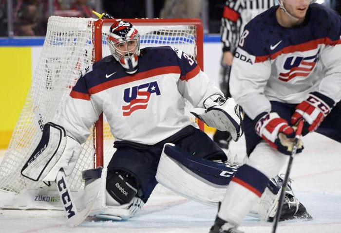 Danny Dekeyser (L), goalkeeper of the US, is pictured during the IIHF Men's World Championship ice hockey match between Latvia and the US in Cologne, western Germany. — AFP