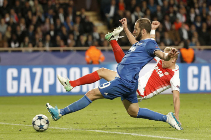 Juventus’ striker Gonzalo Higuain scores against Moncao during their UEFA Champions League semifinal first leg match at Stade Louis II in Monaco Wednesday. — Reuters