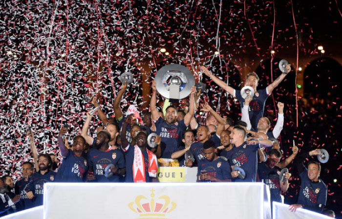 Monaco players celebrates with the trophy at Stade Louis II in Monaco Wednesday. — Reuters