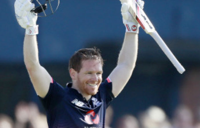 England skipper Eoin Morgan celebrates making a century. — Reuters