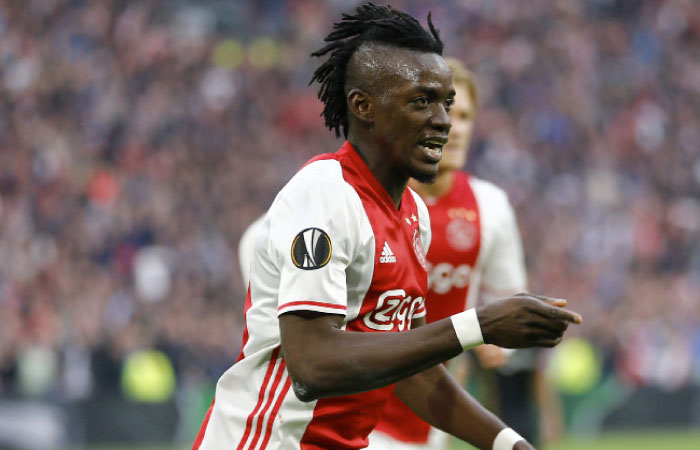 Ajax’s Bertrand Traore celebrates scoring against Olympique Lyonnais during their UEFA Europa League semifinal first leg match at Amsterdam ArenA Wednesday. — Reuters