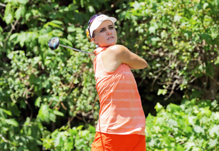 Lexi Thompson hits her tee shot during the second round of the Kingsmill Championship at Kingsmill Resort in Williamsburg, Virginia, Friday. — AFP