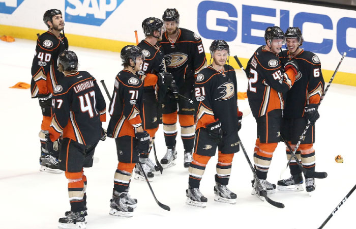The Anaheim Ducks celebrate their 2-1 win over the Edmonton Oilers in Game 7 of the Western Conference Playoffs at Honda Center in Anaheim Wednesday. — AFP