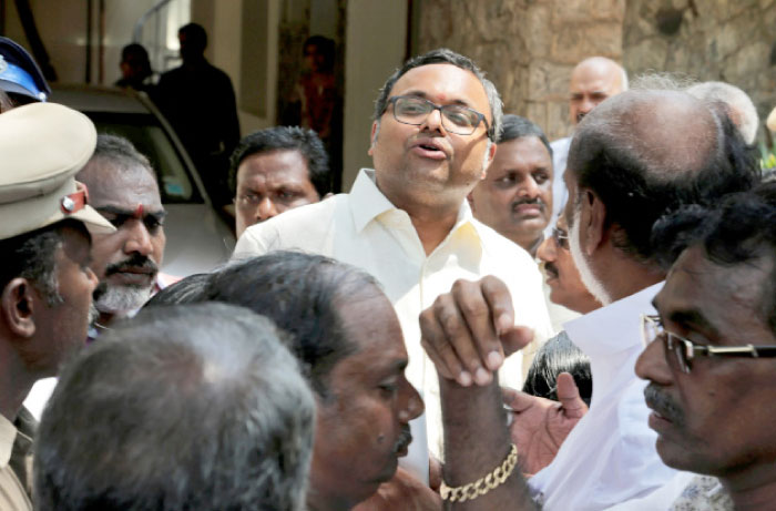 Karti Chidambaram, son of former Indian finance minister P. Chidambaram, talks to media after Central Bureau of Investigation (CBI) raided his house, in Chennai, India, on Tuesday. — Reuters