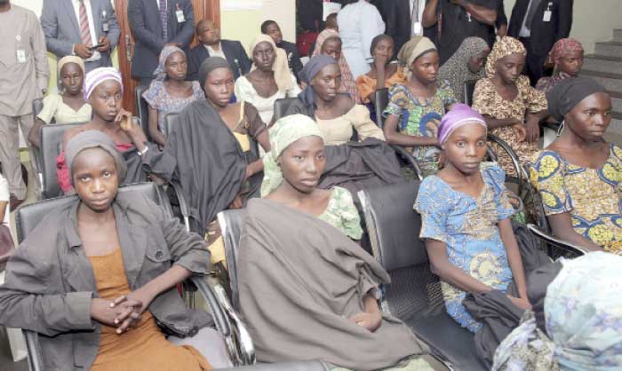 Chibok schoolgirls recently freed from extremists’ captivity are seen during a meeting with Nigeria’s Vice President Yemi Osinbajo in Abuja, Nigeria, in this Oct. 13, 2016 file photo. — AFP