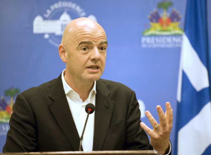 In this file photo, FIFA President Gianni Infantino gives a press conference at the National Palace in Port-au-Prince, Haiti. An accelerated process to hand North America the 2026 World Cup is set to be approved by soccer leaders this week, with FIFA President Gianni Infantino hoping for a 