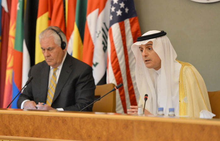 Saudi Foreign Minister Adel Al-Jubeir and US Secretary of State Rex Tillerson address a press conference in Riyadh on Sunday. — SPA