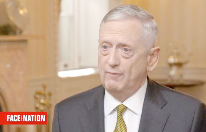 US Secretary of Defense James Mattis in an interview with “Face the Nation” host John Dickerson (not in picture) on Saturday.