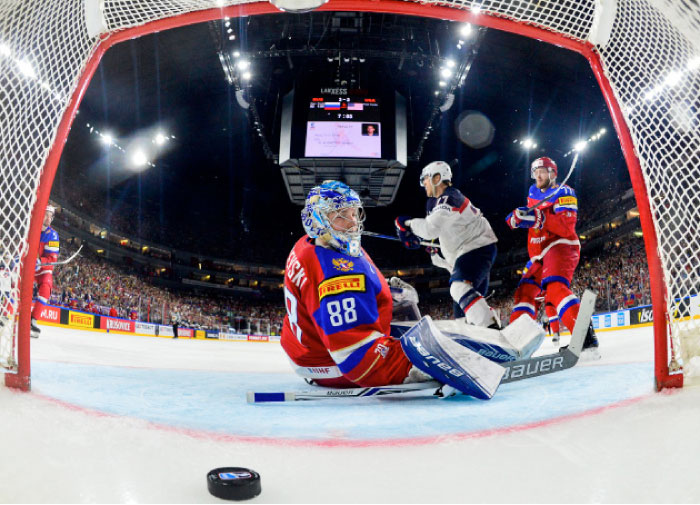 Russia’s goal-tender Andrei Vasilevski concedes a goal from US at the IIHF World Championships in Cologne Tuesday. — Reuters