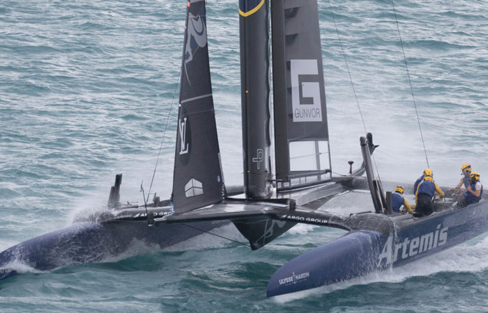 Sweden's Artemis Racing competes against Emirates Team New Zealand during the challenger finals of the America's Cup sailing event in Bermuda's Great Sound, Saturday. Nathan Outteridge, skipper of Artemis, slipped and flew off the boat during the race. — AP