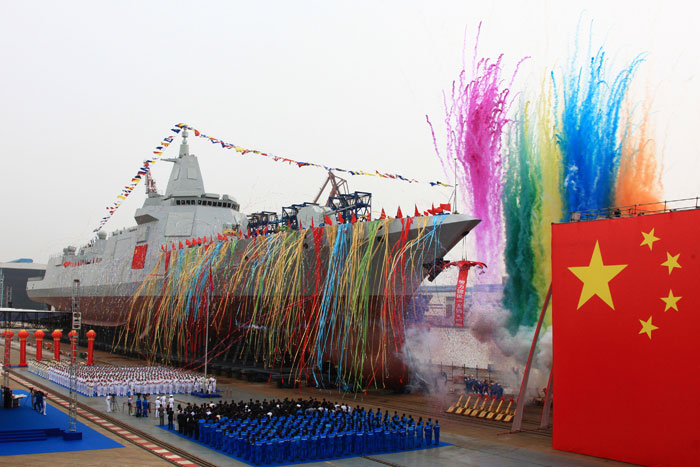 China's new type of domestically-built destroyer, a 10,000-ton warship, is seen during its launching ceremony at the Jiangnan Shipyard in Shanghai, China, on Wednesday. — Reuters