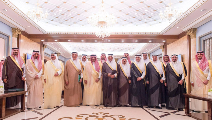 Crown Prince Muhammad Bin Naif, deputy premier and minister of interior, poses for a group photo with emirs of various provinces during their annual meeting in Jeddah on Sunday. – SPA