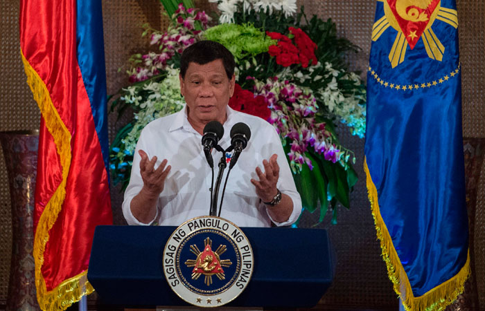 Philippine President Rodrigo Duterte gives a speech during Eid Al-Fitr celebrations at the Malacanang Palace in Manila on Tuesday. — AFP