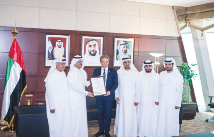 During the handing over of certificate to Robert Bosch Middle East at the office of UAE Economy Minister Sultan Bin Saeed Al Mansoori