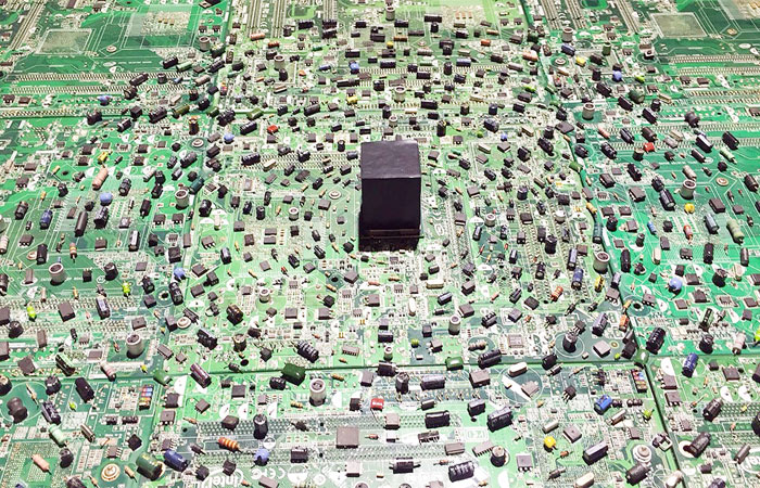 In this undated photo provided by Arab American National Museum, “Digital Spirituality” by Saudi Arabian artist Amr Alngmah is seen. The piece depicts the cube-shaped Kaaba in the holy city of Makkah in the middle of a circuit board. Akmon calls it a commentary on “how technology is becoming a religion in our lives.” The exhibition “Epicenter X: Saudi Contemporary Art” opens July 8,  and runs for about three months at the Arab American National Museum in Dearborn, Mich. — AP
