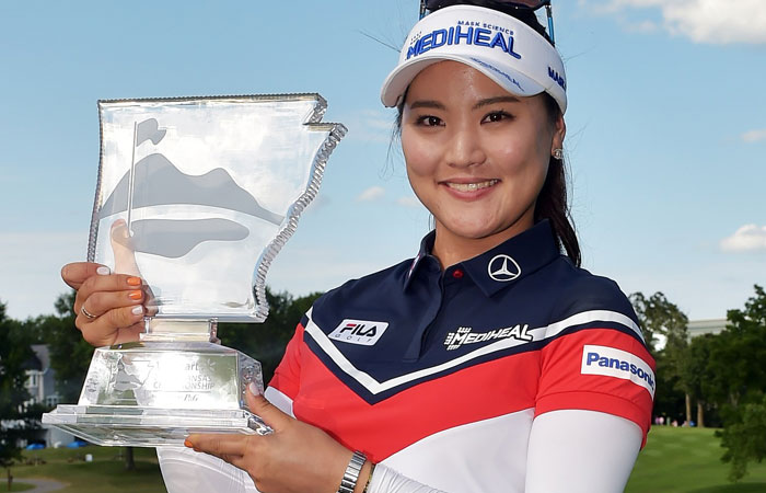 Ryu So-yeon of Korea displays the trophy after winning the Walmart NW Arkansas Championship in Rogers, Arkansas, Sunday. — AFP