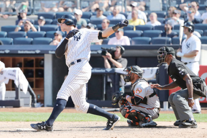 New York Yankees right fielder Aaron Judge (99) hits a two run home run to right center during the seventh inning against the Baltimore Orioles at Yankee Stadium. — Reuters