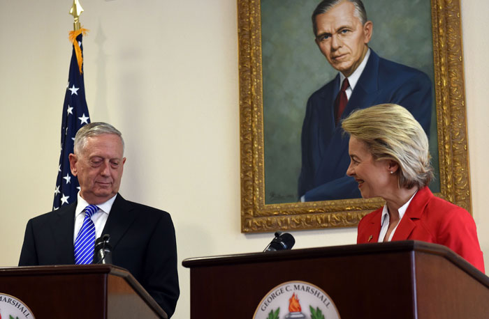 German Defence Minister Ursula von der Leyen (R) and US Secretary of Defense James Mattis give a press statement prior to a ceremony to commemorate the 70th anniversary of the Marshall Plan to rebuild a ravaged Europe after World War II at the George C Marshall European Center for Security Studies in Garmisch-Partenkirchen, southern Germany on Wednesday. — AFP