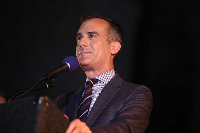 Los Angeles Mayor Eric Garcetti is seen making a speech on this file photo. — AFP
