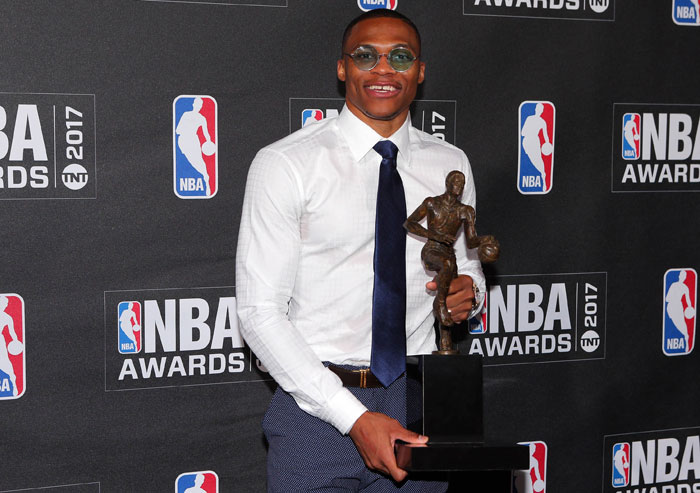 Oklahoma City Thunder’s Russell Westbrook poses with his 2017 NBA Most Valuable Player award during the 2017 NBA Awards at Basketball City at Pier 36 in New York Monday. — Reuters