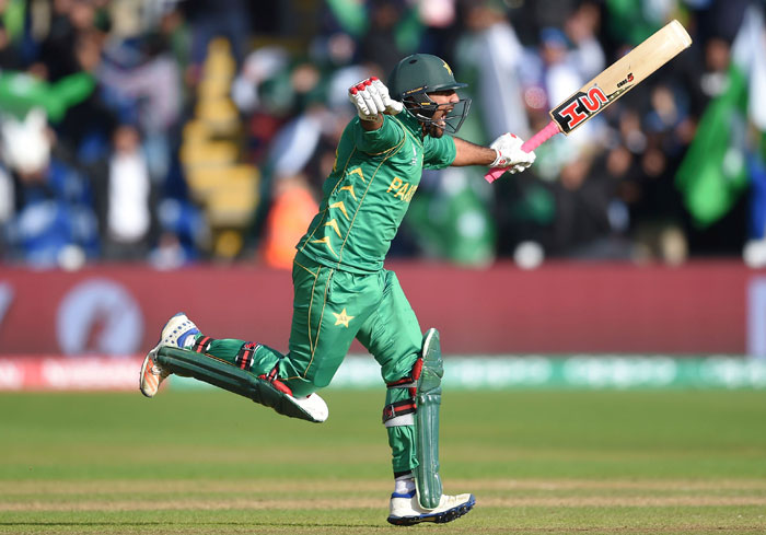 Pakistan captain Sarfraz Ahmed celebrates hitting the winning runsduring the ICC Champions Trophy, Group B cricket match between Pakistan and Sri Lanka, at the Cardiff Stadium, Cardiff, Wales, Monday June 12, 2017. — AP