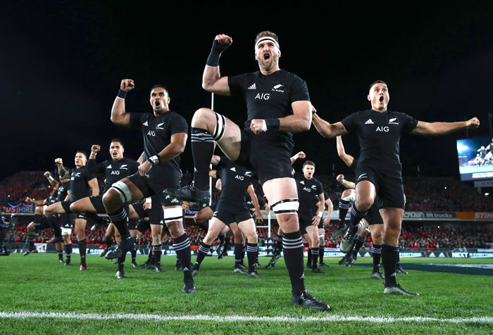 New Zealand All Blacks players perform the haka after beating British and Irish Lions at Eden Park, Auckland, Saturday. — Reuters