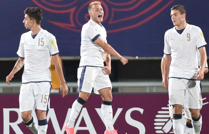 Italy’s Giuseppe Panico (C) reacts after scoring during their U-20 World Cup football match against France in Cheonan in South Korea Thursday. — AFP