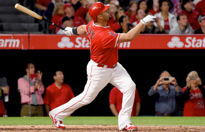 Los Angeles Angels’ designated hitter Albert Pujols hits a grand slam home run for his 600th career home run in the fourth inning against the Minnesota Twins at Angel Stadium of Anaheim Saturday. — Reuters