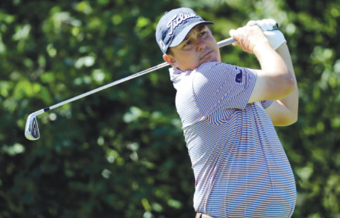 Jason Dufner tees off on the 14th hole during the first round of the Memorial Golf Tournament in Dublin, Ohio, Thursday. — AP