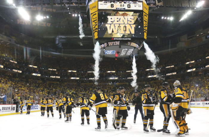The Pittsburgh Penguins celebrate after defeating the Nashville Predators in Game 5 of the 2017 NHL Stanley Cup Finals at PPG PAINTS Arena in Pittsburgh Thursday. — AFP