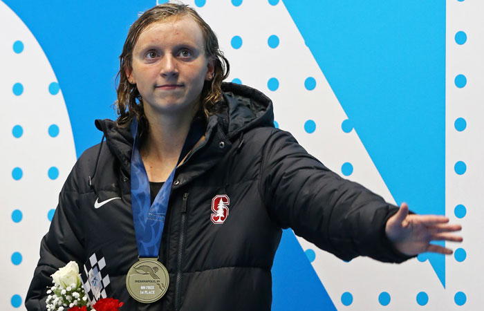 Katie Ledecky reacts after the 800m freestyle final during the 2017 USA Swimming Phillips 66 National Championships at Indiana University Natatorium Tuesday. — Reuters