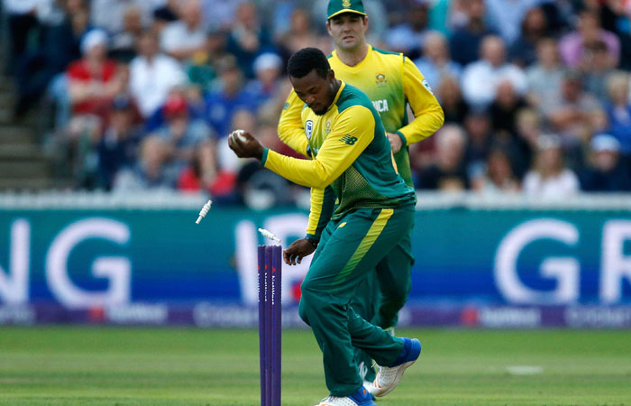 South Africa's Andile Phehlukwayo runs out England's Liam Livingston during their second T20 International against England at the Cooper Associates County Ground, Taunton, England, Friday. — AP