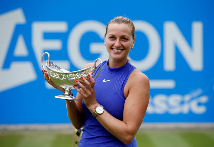 Kvitova celebrates with the trophy after winning the final against Australia's Ashleigh Barty at Edgbaston Priory Club, Birmingham, Sunday. — Reuters