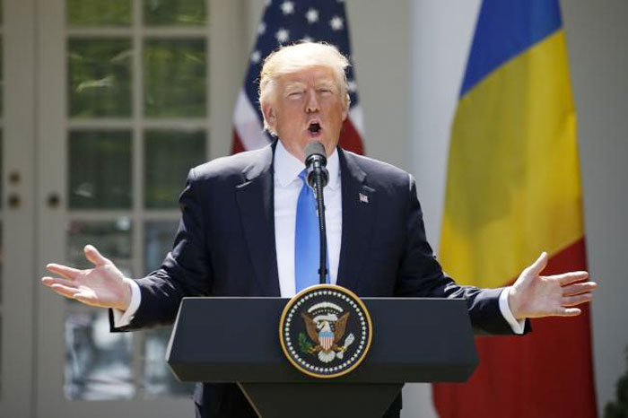US President Donald Trump reacts to a reporter's question during a joint news conference with Romanian President Klaus Iohannis in the Rose Garden at the White House in Washington, U.S. June 9, 2017. — Reuters