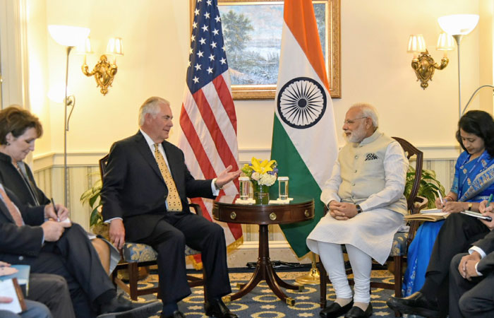 In this photograph released on Monday, US Secretary of State Rex W. Tillerson meets with Indian Prime Minister Narendra Modi in Washington DC. — AFP