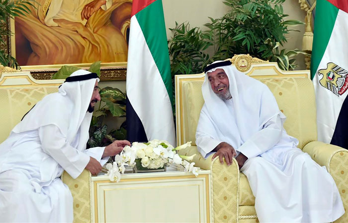 A handout image provided by WAM on Sunday shows President of the United Arab Emirates Khalifa Bin Zayed Al Nahyan (R) speaking to a relative in Abu Dhabi. —AFP