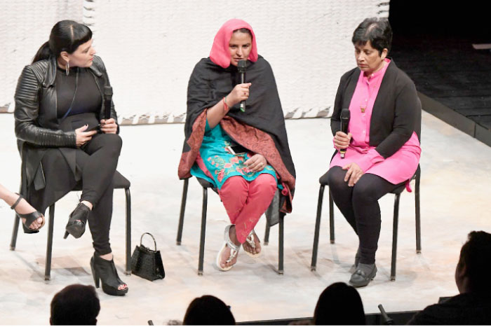 Pakistani human rights activist Mukhtar Mai participates in a discussion with producer Beth Morrison, left, and a translator, right, following a performance of the opera “Thumbprint” at the Roy and Edna Disney/Calarts Theater (REDCAT) in Los Angeles, California, on Friday. — AFP